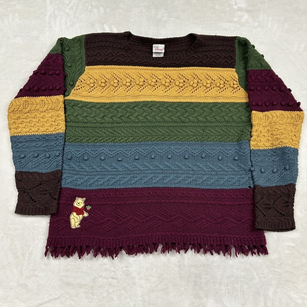 Disney Store Winnie the Pooh Sweater Womens XL Multi Color Cable Knit Fringe